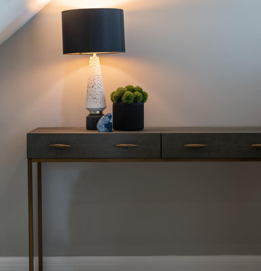 onsole Table in either Ivory or Grey features two drawers on metal runners, faux shagreen and antique brass style handles and legs. All in a beautiful walnut style wood.