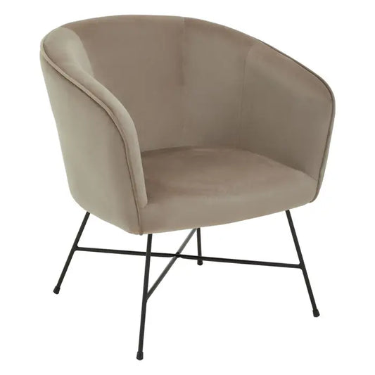 Mink coloured soft touch velvet chair with black frame. 