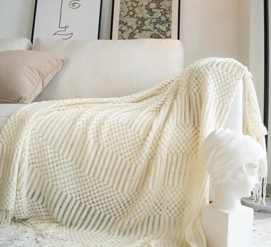 Warm knitted cream blanket.