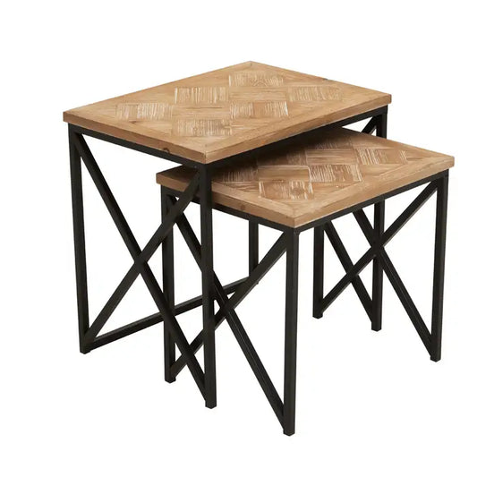 2 wood topped side tables with black iron frame. 